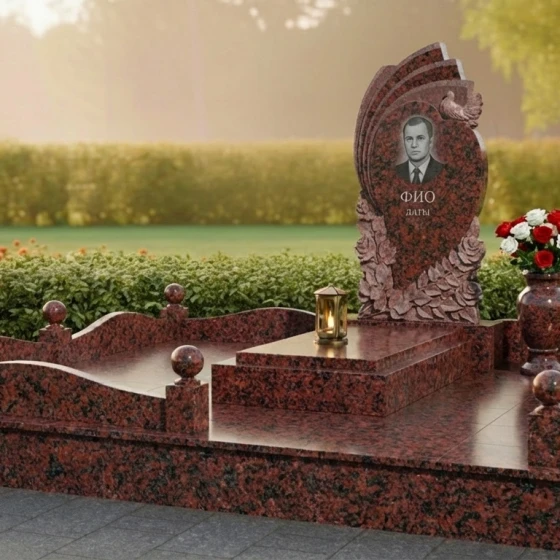 Гранитный мемориал с резными розами и голубем, гранит Мансуровский