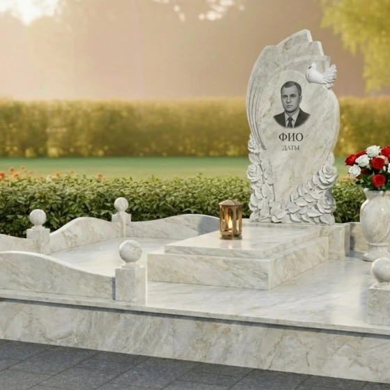 Гранитный мемориал с резными розами и голубем, гранит Дымовский