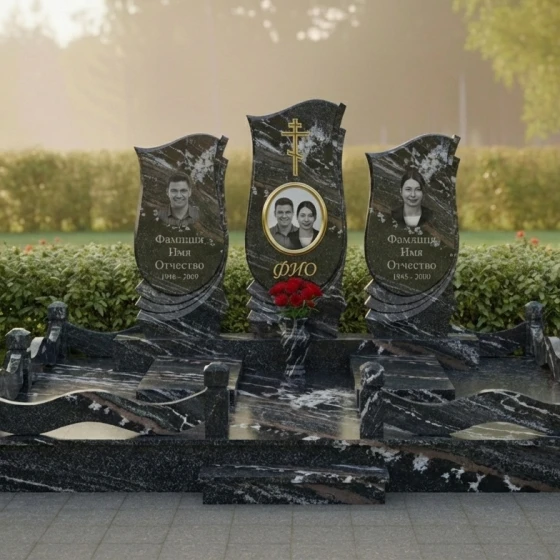 Элитный православный гранитный памятник для троих в Воронеже, гранит амфиболит