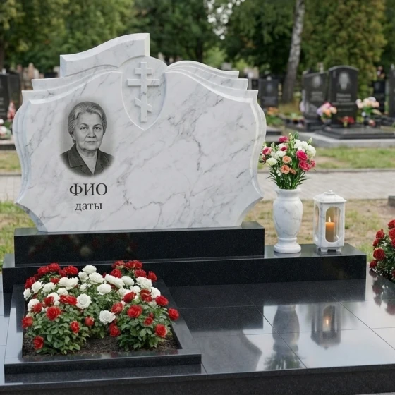 Гранитный мемориальный комплекс с крестом в Ставрополе, мрамор Тассос