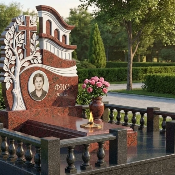 Православный гранитный памятник с деревом и крестом, гранит Лезниковский, в Якутске