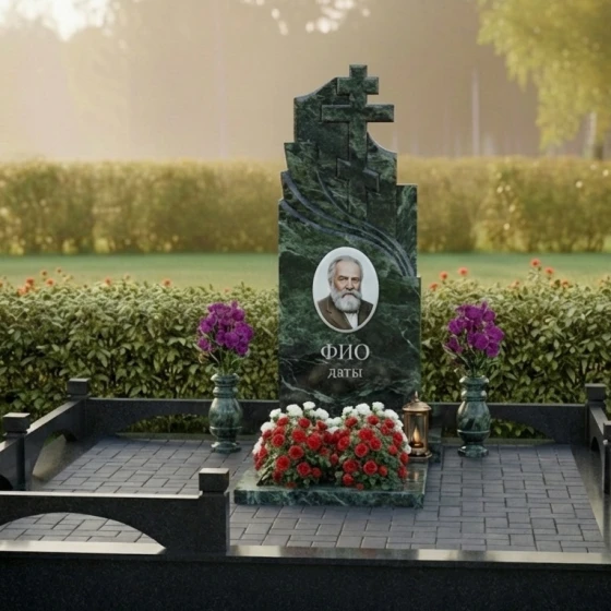 Элитный памятник с двумя православными крестами, гранит Балтик грин