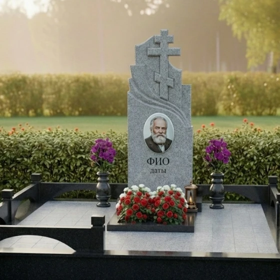 Элитный памятник с двумя православными крестами, гранит Мансуровский