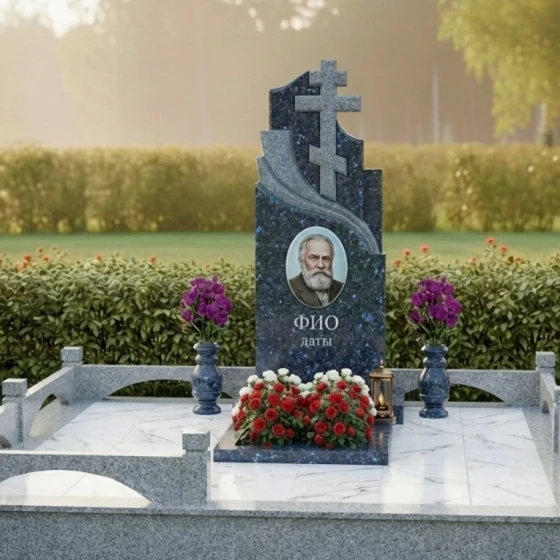 Элитный памятник с двумя православными крестами, гранит Блю Перл