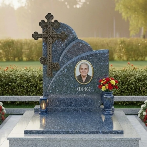 Элитный гранитный монумент со сложной стелой, гранит Блю Перл
