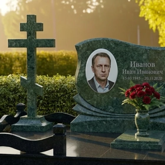 Элитный православный памятник с крестом в Ижевске, гранит Балтик грин