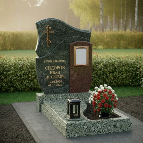 Православный памятник с плавной волной и крестом, гранит Балтик грин, в Якутске