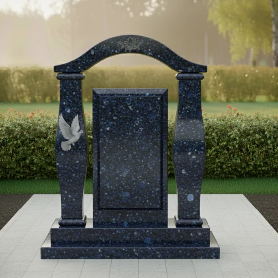 Мемориальная композиция с аркой и резными голубями, гранит Блю Перл, в Якутске