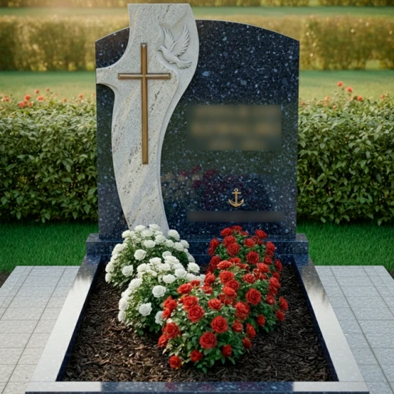 Католический памятник с голубем и якорем, гранит Блю Перл