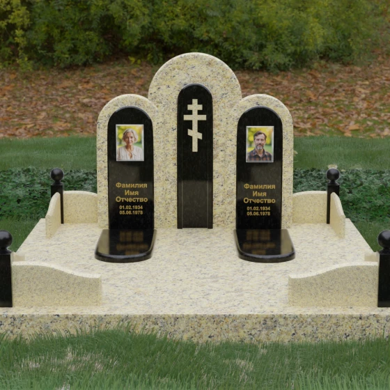 Православный вертикальный комбинированный памятник на двоих в Волгограде, гранит Мансуровский