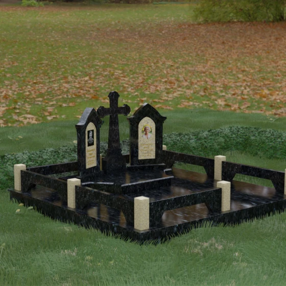 Комбинированный вертикальный памятник для двоих в Новокузнецке, гранит Блю Перл