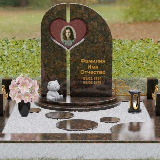 Гранитный памятник с вырезом-сердцем и асимметрией, гранит Дымовский, вид 2
