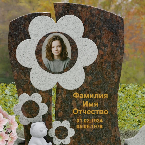 Комбинированный памятник с цветком и медвежонком, гранит Дымовский