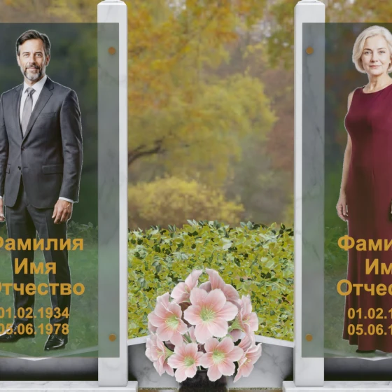 Вертикальный памятник из гранита со стеклянными панелями, мрамор Тассос, в Санкт-Петербурге