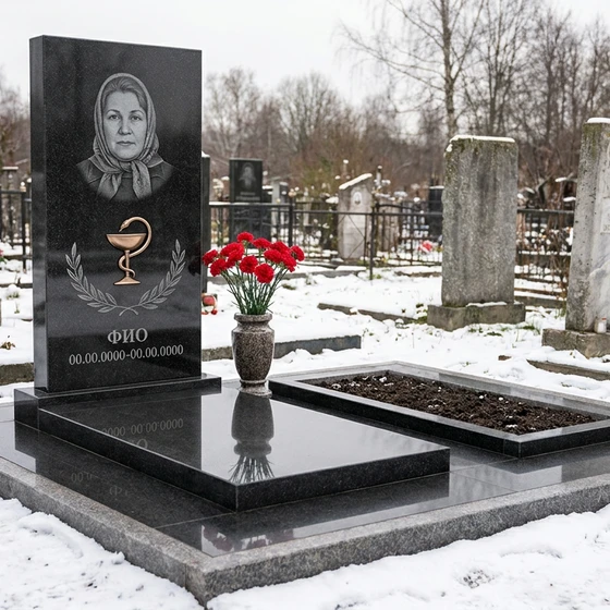 Гранитный памятник врачу в виде глыбы с белым крестом