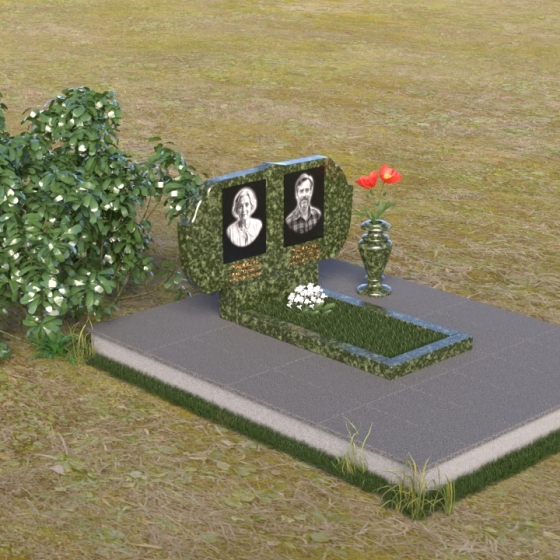 Горизонтальный памятник с резной верхней частью, гранит Балтик грин, вид 2, в Москве