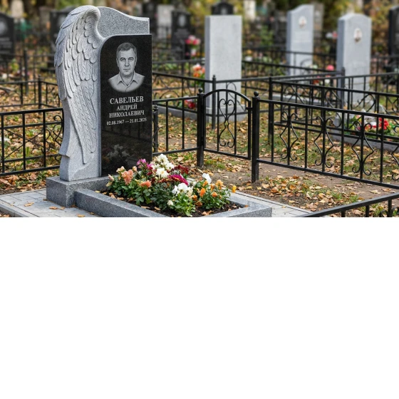 Мемориал с крылом ангела из серого гранита Мансуровского