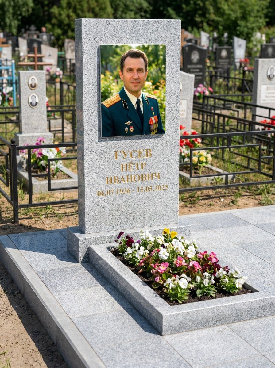 Портрет на памятнике в Воронеже — Прямоугольник на гранитной стеле, ФИО и даты на портрете
